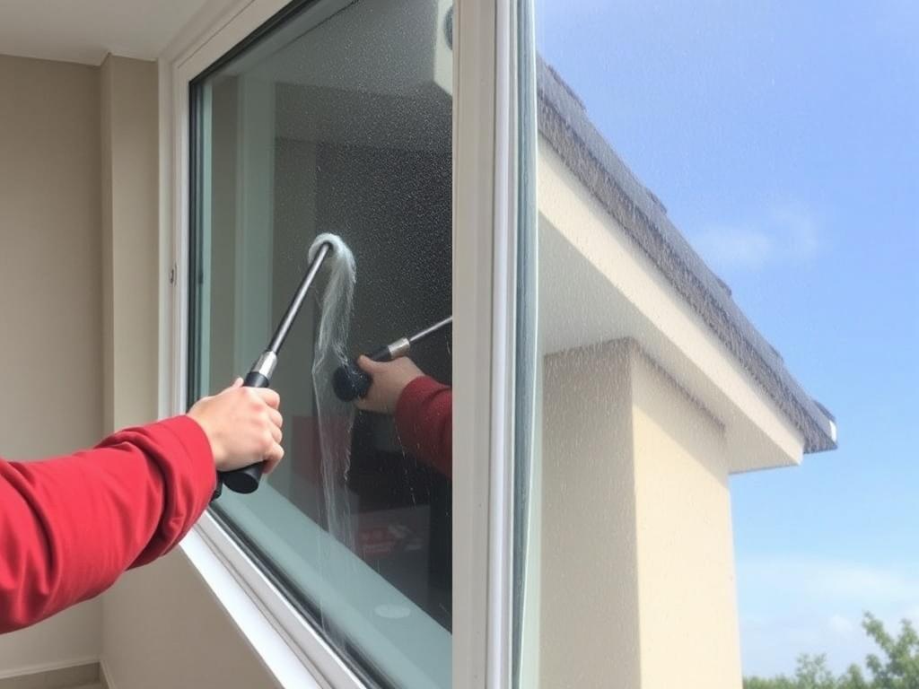 Мойка балконного остекления с двух сторон. Удаление сложных загрязнений: известковый налёт, краска, цемент